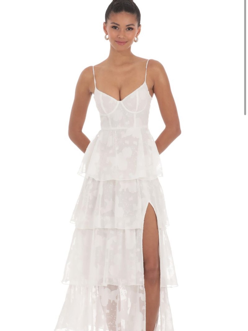 Lucy in the Sky White Tiered Spaghetti-Strap Maxi Dress with Side Slit